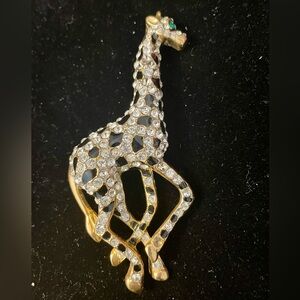 Vintage Clear Rhinestone and Black Enamel Giraffe Brooch Pin. Gold tone